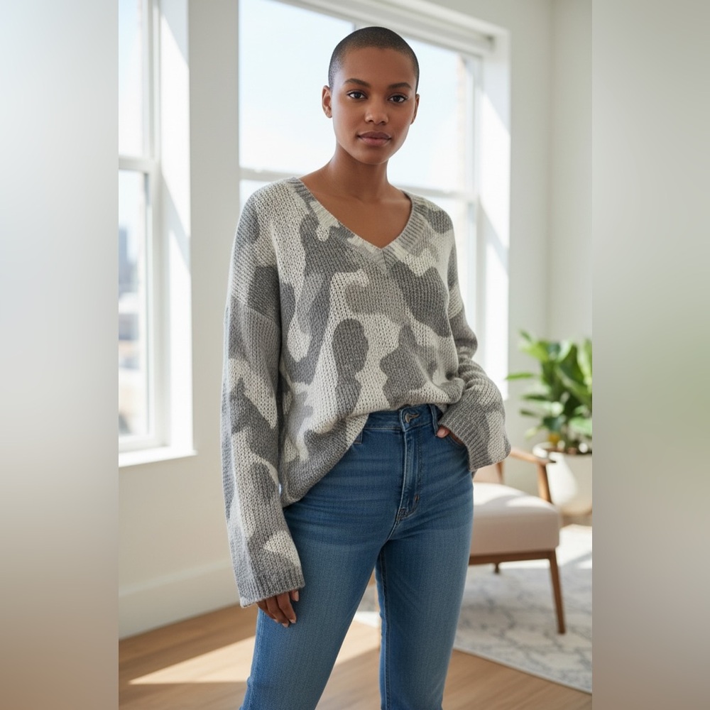 💥*3/$10* Mud Pie Gray and Cream V-Neck Sweater - Picture 2 of 7